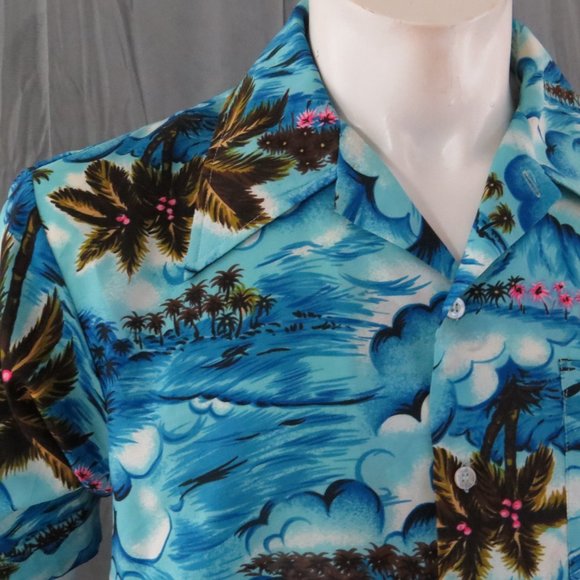 Vintage Hawaiian Aloha Shirt - Ocean Pattern with Neon Palm Trees - Men's Large - Picture 2 of 10
